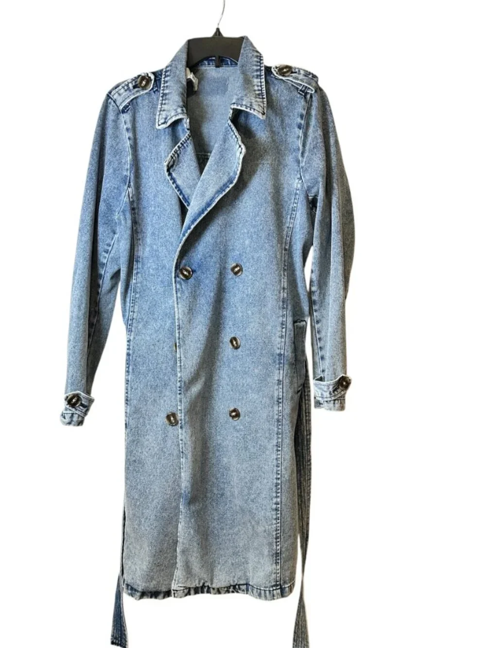 Stoosh Vintage Denim Jean Double Breasted Duster Trench Coat Light Wash Medium - Picture 2 of 10